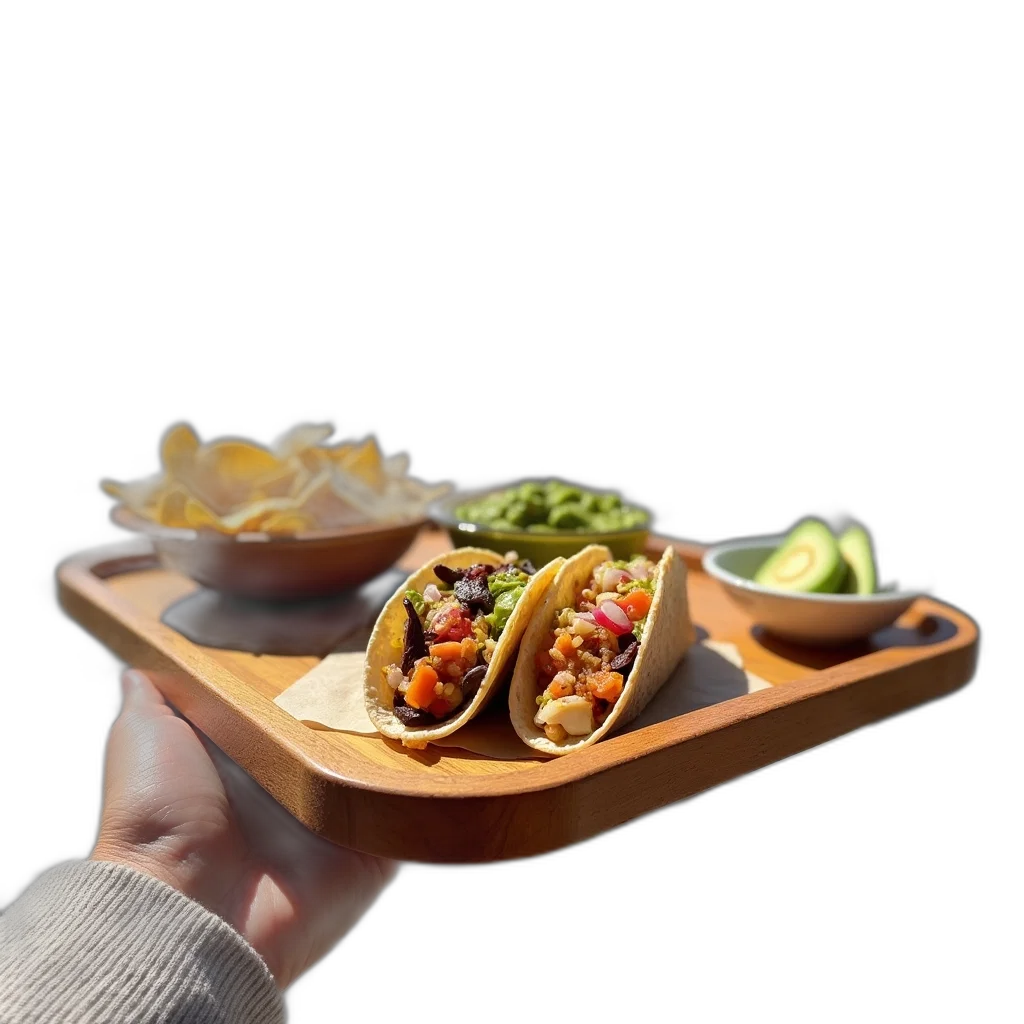 food, 3d render, photorealistic, person, hand, holding, wooden, tray transparent PNG cut-out
