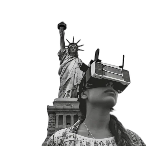 woman, goggles, stands, before, statue, liberty, partly, cloudy transparent PNG cut-out
