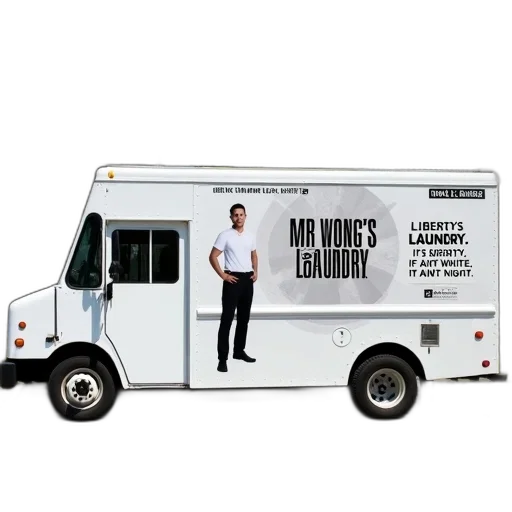 white, delivery, van, sign, reads, wong, laundry, parked transparent PNG cut-out