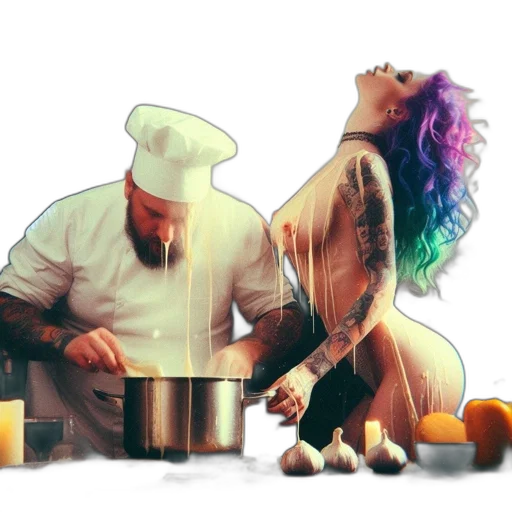 food, concept art, fire, pastel, dimly, lit, kitchen, chef transparent PNG cut-out