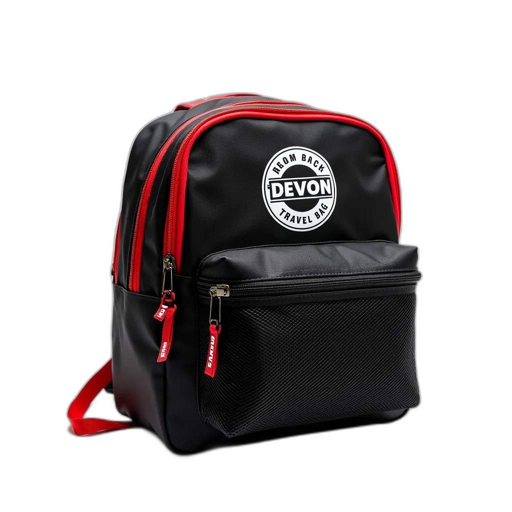 black, red, travel, bag, mesh, pocket, front, featuring transparent PNG cut-out