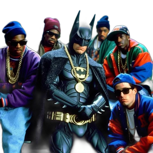 group, five, men, hip-hop, attire, stand, alongside, batman transparent PNG cut-out