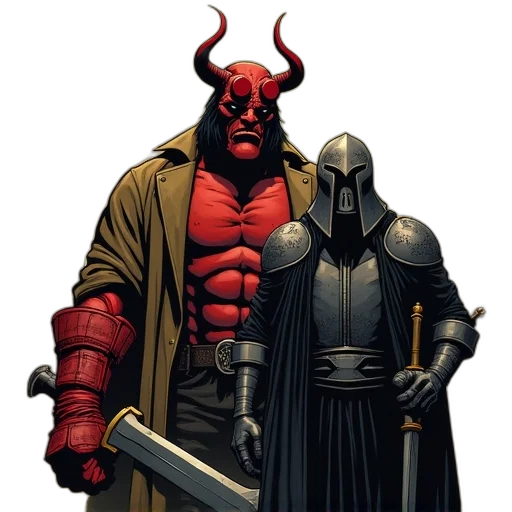 comic book art, concept art, fantasy art, red, dark, hellboy, knights, old transparent PNG cut-out
