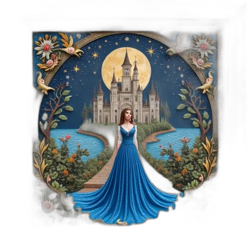 dress, crown, jewelry, fantasy art, concept art, photorealistic, blue, framed transparent PNG cut-out