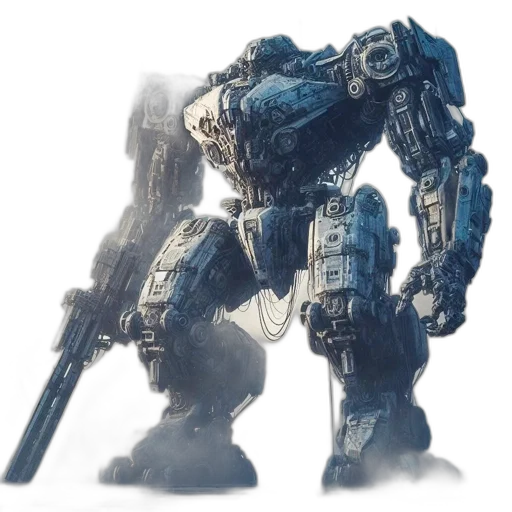robot, weapon, concept art, 3d render, fantasy art, pixel art, blue, towering transparent PNG cut-out
