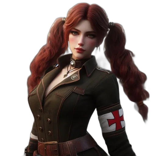 staff, jacket, concept art, fantasy art, photorealistic, 3d render, woman, sporting transparent PNG cut-out
