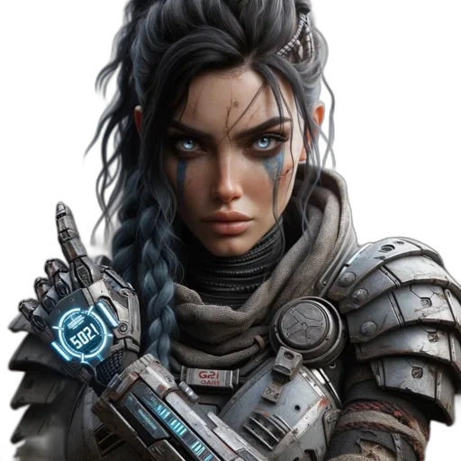 weapon, staff, face, fantasy art, concept art, cyberpunk, comic book art, blue transparent PNG cut-out