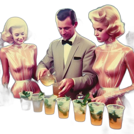 food, vaporwave, concept art, man, tuxedo, serves, drink, two transparent PNG cut-out