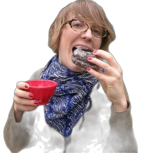 food, woman, glasses, blue, scarf, eating, chocolate, donut transparent PNG cut-out