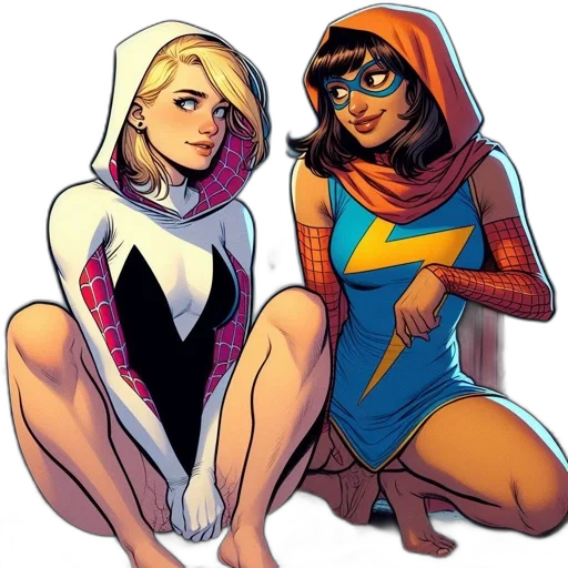 comic book art, concept art, cartoon, neon lights, two, female, characters, each transparent PNG cut-out