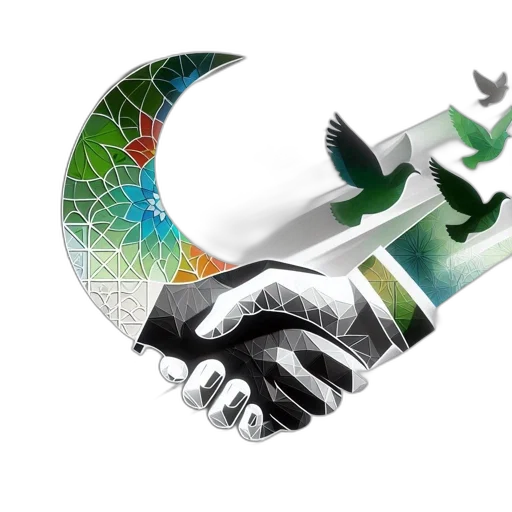 green, two, hands, transforming, moon, geometric, birds, depicted transparent PNG cut-out