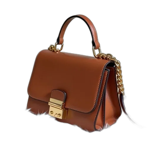 brown, leather, handbag, gold, buckle, chain, strap, placed transparent PNG cut-out