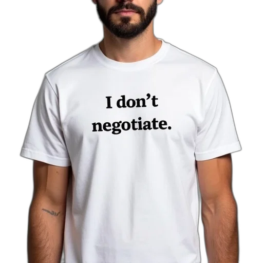 staff, man, wearing, white, t-shirt, phrase, don, negotiate transparent PNG cut-out