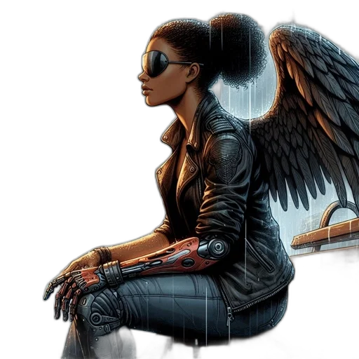 concept art, comic book art, fantasy art, photorealistic, urban, rainstorm, woman, futuristic transparent PNG cut-out