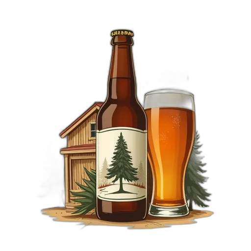 bottle, pixel art, photorealistic, beer, label, pines, brewing, stylized transparent PNG cut-out