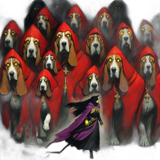 staff, concept art, fantasy art, comic book art, hall, filled, hooded, dog-faced transparent PNG cut-out