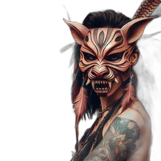 mask, staff, creature, face, fantasy art, concept art, photorealistic, 3d render transparent PNG cut-out
