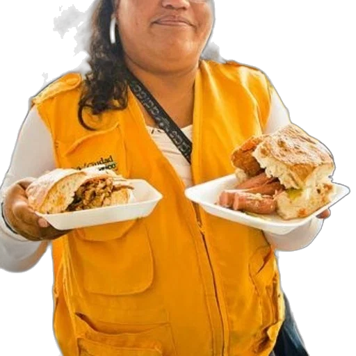 food, jacket, staff, animal, woman, yellow, vest, holds transparent PNG cut-out
