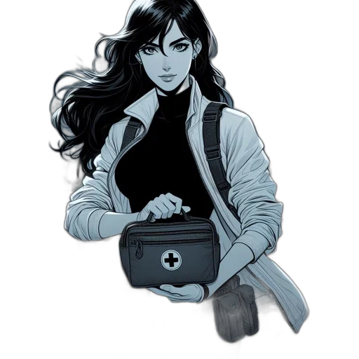 jacket, staff, comic book art, concept art, cartoon, fantasy art, monochrome, dark transparent PNG cut-out