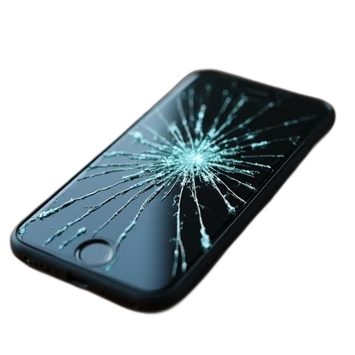smartphone, cracked, screen, lying, wooden, surface, shattered, into transparent PNG cut-out
