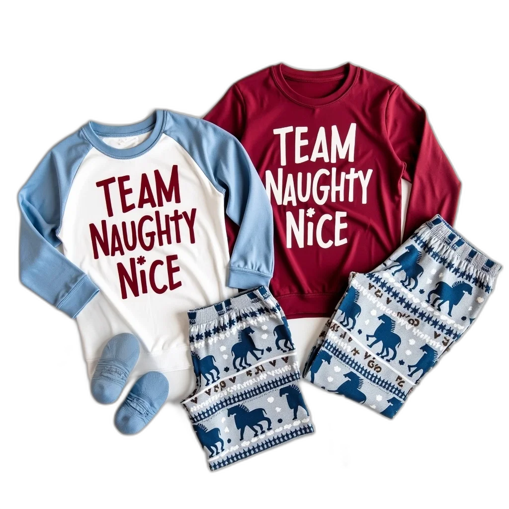 collection, team, naughty, nice, holiday-themed, clothing, accessories, displayed transparent PNG cut-out