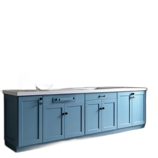 furniture, 3d render, photorealistic, blue, pastel, stone, kitchen, cupboards transparent PNG cut-out