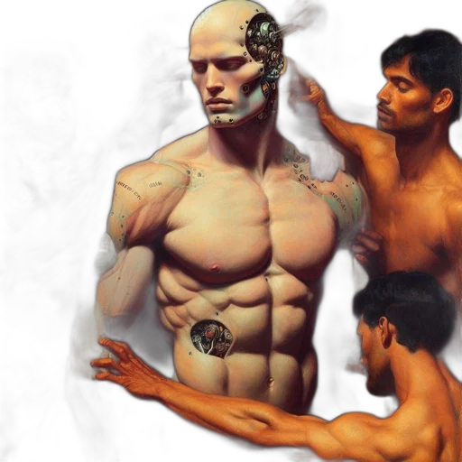 concept art, comic book art, photorealistic, fantasy art, imposing, figure, metallic, face transparent PNG cut-out