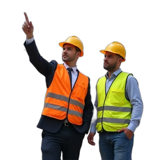 staff, jacket, hat, two, construction, workers, standing, site transparent PNG cut-out