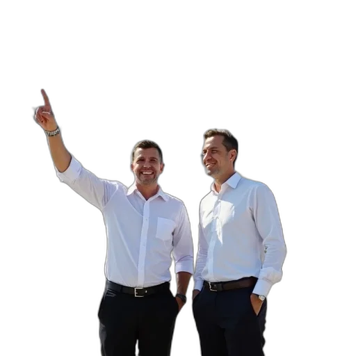 staff, two, men, standing, next, large, white, airplane transparent PNG cut-out
