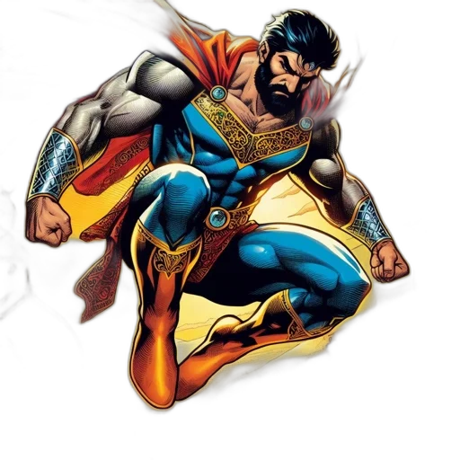 comic book art, concept art, fantasy art, cartoon, muscular, male, superhero, flies transparent PNG cut-out