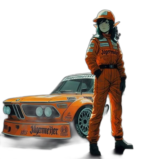 car, concept art, photorealistic, fantasy art, 3d render, orange-clad, female, racer transparent PNG cut-out