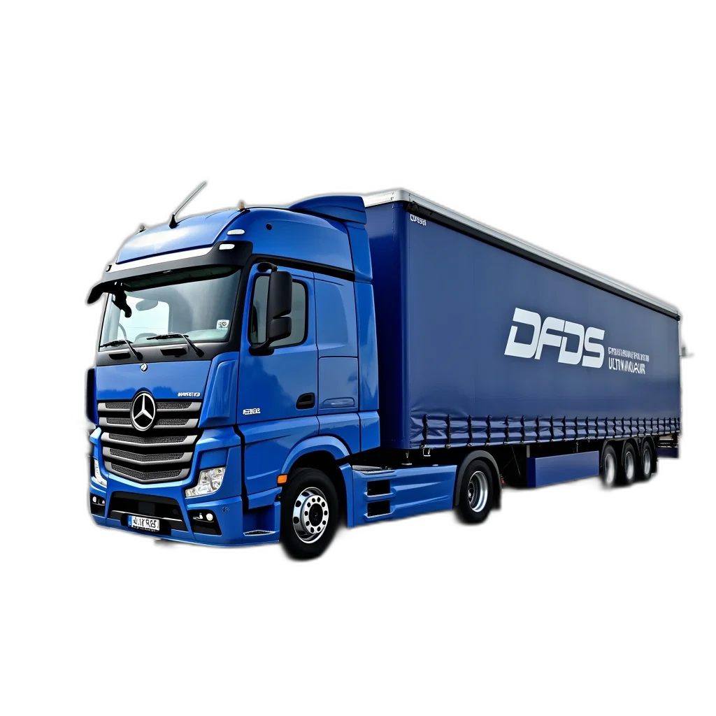 photorealistic, 3d render, blue, semi-truck, logo, dfds, side, parked transparent PNG cut-out