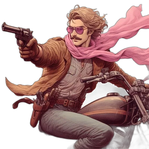 weapon, comic book art, concept art, cyberpunk, man, long, hair, rides transparent PNG cut-out
