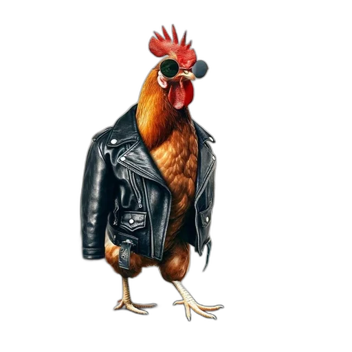 jacket, animal, concept art, photorealistic, 3d render, pixel art, chicken, leather transparent PNG cut-out