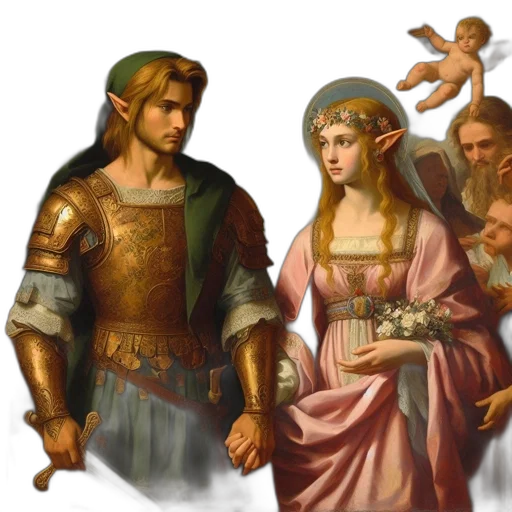 dress, crown, sword, concept art, fantasy art, oil painting, pixel art, forest transparent PNG cut-out