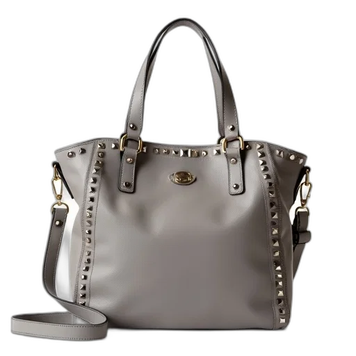 earth tones, monochrome, grey, leather, handbag, silver, studs, front transparent PNG cut-out