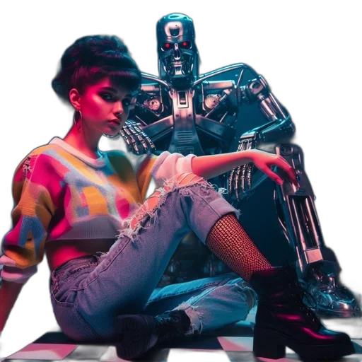 robot, jacket, cyberpunk, vaporwave, concept art, neon lights, outer space, neon transparent PNG cut-out