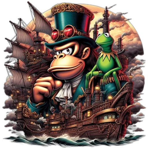 concept art, fantasy art, comic book art, steampunk, setting, anthropomorphic, monkey, top transparent PNG cut-out