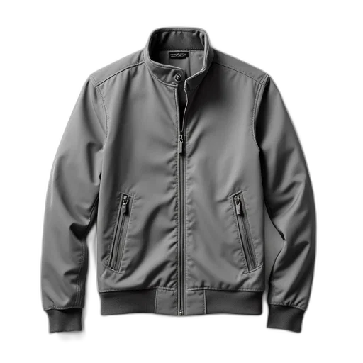 jacket, plain, grey, zipper, buttoned, pockets, displayed, against transparent PNG cut-out