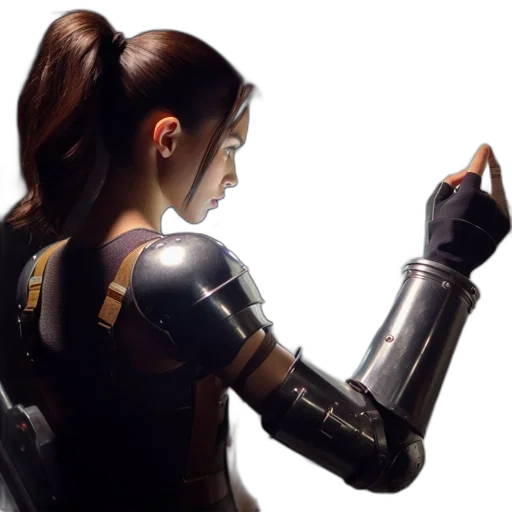robot, weapon, concept art, 3d render, photorealistic, cyberpunk, woman, donning transparent PNG cut-out