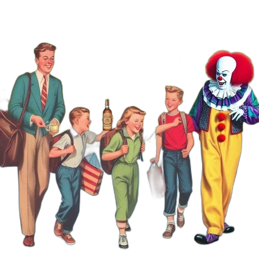concept art, vintage-styled, illustrates, children, clown, strolling, together, towards transparent PNG cut-out