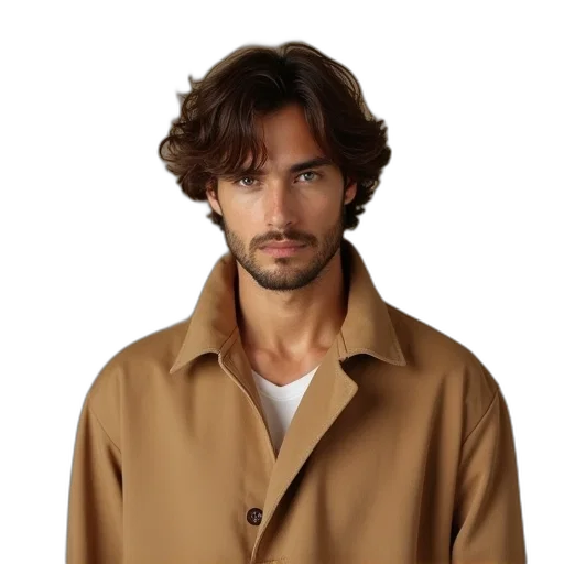 jacket, staff, hair, photorealistic, earth tones, man, brown, wearing transparent PNG cut-out