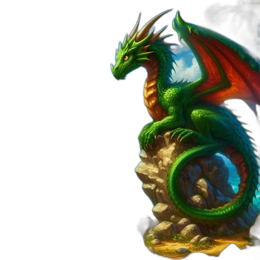 dragon, fantasy art, concept art, 3d render, photorealistic, green, large, perched transparent PNG cut-out