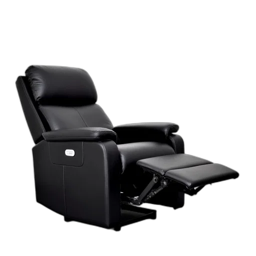 furniture, 3d render, black, recliner, footrest, displayed, against, white transparent PNG cut-out