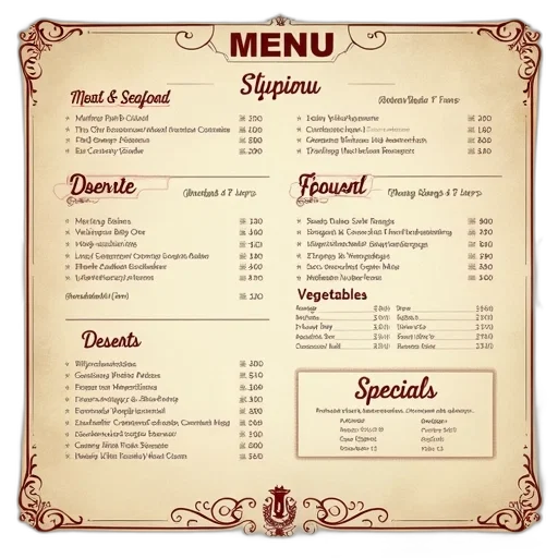 food, menu, vintage, design, featuring, list, dishes, ingredients transparent PNG cut-out