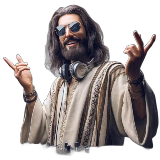 staff, jacket, artistic, fusion, religious, figure, stands, before transparent PNG cut-out