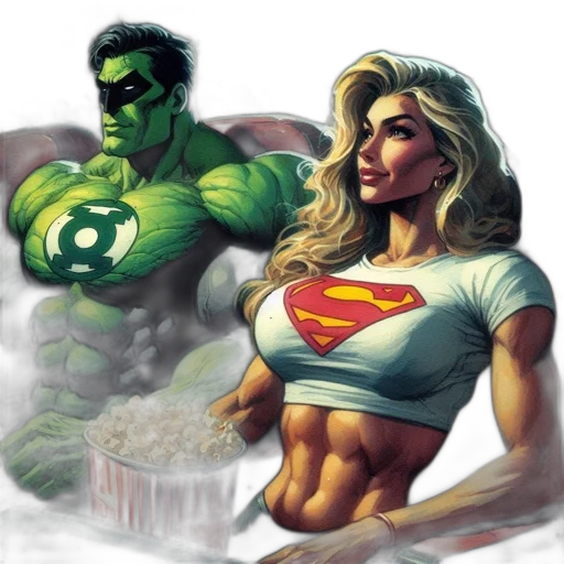 comic book art, concept art, fantasy art, photorealistic, green, three, superheroes, including transparent PNG cut-out