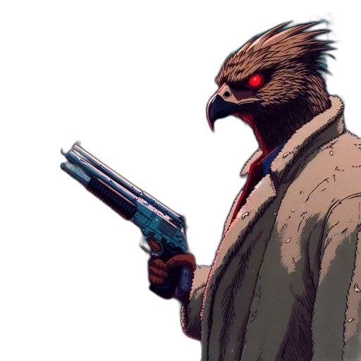 jacket, weapon, mask, animal, comic book art, concept art, cyberpunk, pixel art transparent PNG cut-out