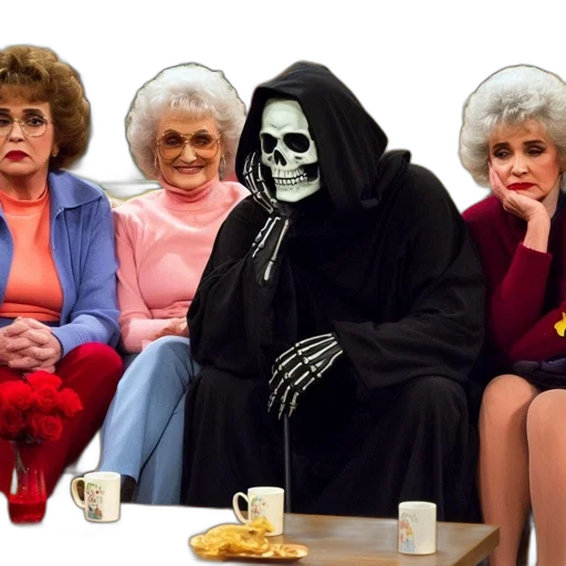 four, individuals, including, one, grim, reaper-like, costume, sit transparent PNG cut-out