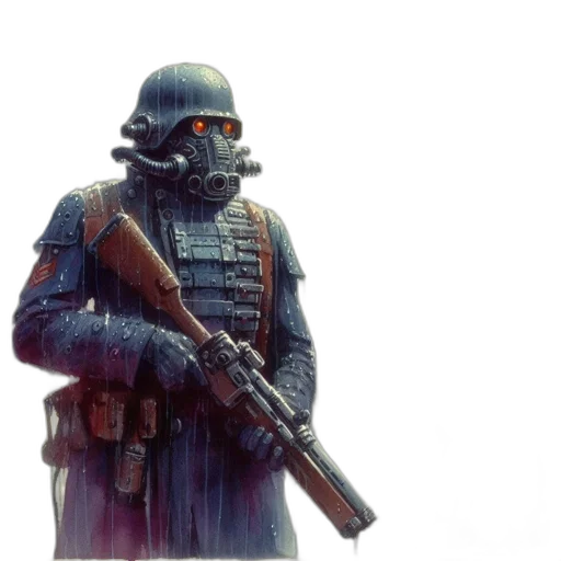 robot, weapon, jacket, concept art, 3d render, cyberpunk, fantasy art, heavily transparent PNG cut-out